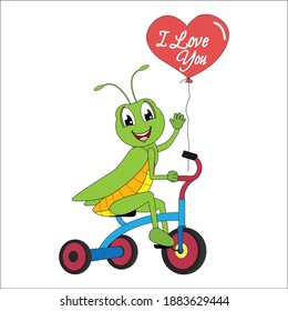 cute grasshopper animal cartoon with bicycle, simple vector illustration