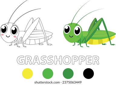 Cute Grasshopper cartoon Coloring Book, hand drawn simple lines