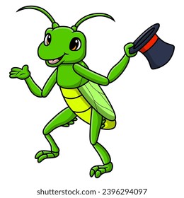 Cute grasshopper cartoon holding hat