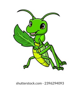 Cute grasshopper cartoon holding leaf