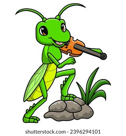 Cute grasshopper cartoon playing violin