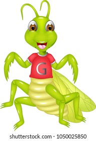 cute grasshopper cartoon posing with smiling and waving