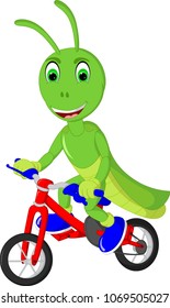 cute grasshopper cartoon ridding bycycle with laughing