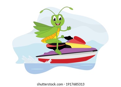 cute grasshopper cartoon ride speedboat