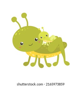 Cute Grasshopper Clipart Isolated on White Background. Funny Clip Art Grasshopper with Baby. Vector Illustration of an Insect for Coloring Pages, Stickers, Baby Shower, Prints for Clothes. 