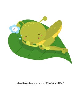 Cute Grasshopper Clipart for Kids Holidays and Goods. Happy Clip Art Grasshopper Sleeping on a Leaf. Vector Illustration of an Insect for Stickers, Prints for Clothes, Baby Shower, Coloring Pages. 