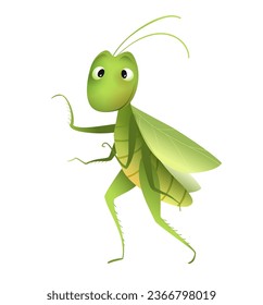 Cute grasshopper or cricket character for children. Funny childish Insect illustration. Hand drawn vector cartoon in watercolor style, isolated cricket clip art for kids.