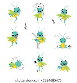 Cute grasshopper in its everyday activities set. Funny insect cartoon character jumping, sleeping and meditating vector illustration