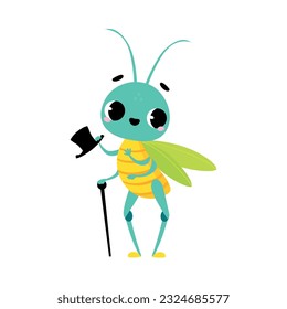 Cute grasshopper gentleman with top hat and walking cane. Funny insect cartoon character vector illustration