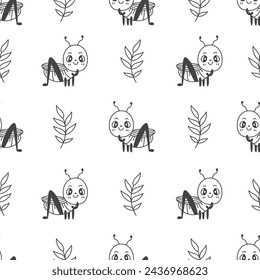 Cute grasshopper and leaf seamless pattern in doodle style. Hand drawn black and white line background with kawaii insect and branch. Childish nature repeat vector illustration