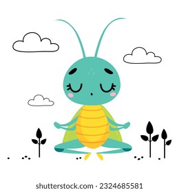 El saltamontes lindo meditando en la posición del loto. Caricatura divertida de insectos haciendo ilustración vectorial de yoga