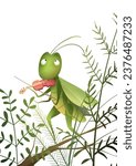 Cute grasshopper playing violin, cricket musician character for children. Musical education hobby illustration. Hand drawn vector illustration in watercolor style, isolated insect clip art for kids.