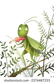 Un saltamontes lindo tocando violín, personaje de un músico de críquet para los niños. Ilustración del hobby de la educación musical. Ilustración vectorial dibujada a mano en forma de acuarela, imagen clip de insecto aislado para niños.