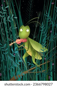 Cute grasshopper playing violin, musician character for children. Cricket plays music at night in nature scenery with stars and night sky. Hand drawn vector illustration in watercolor style for kids.