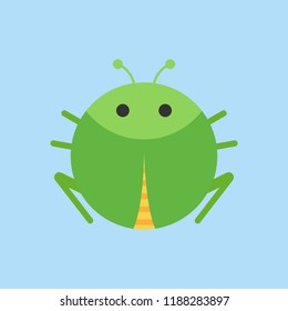 Cute grasshopper round vector graphic icon. Green bush-cricket insect animal head, body illustration. Isolated on blue background.