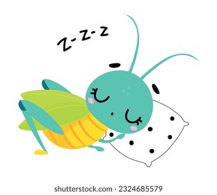 Cute grasshopper sleeping on pillow. Funny insect cartoon character vector illustration