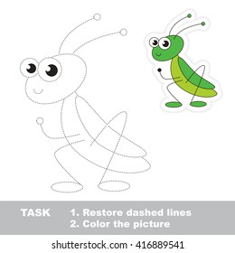 Cute grasshopper in vector to be traced. Restore dashed line and color the picture. Trace game for children.