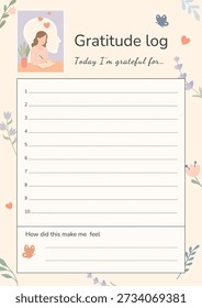Cute gratitude log printable journal page with ten prompts to list things you are grateful for and reflection line how did this make me feel pastel floral design for mindfulness self care planner