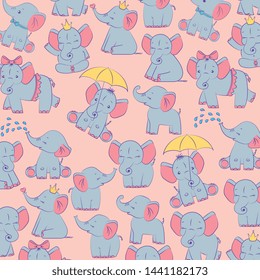 cute gray baby elephants pattern over pink backgkround vector illustration
