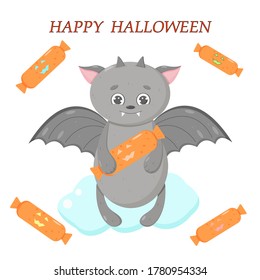 Cute gray bat with candy. Happy Halloween. Illustration for a postcard, sticker. Vector illustration.