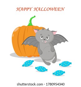 Cute gray bat with candy. Happy Halloween. Illustration for a postcard, print, or sticker. Orange pumpkin.
