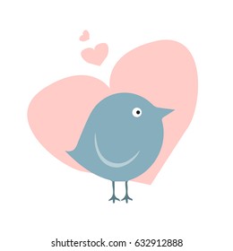 Cute gray bird on a background of hearts.Vector illustration.