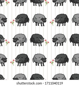 Cute gray and black sheep in field cartoon seamless vector pattern. Hand drawn agriculture livestock. Farm animal with flower all over print on check background. Wooly ewe backdrop. 