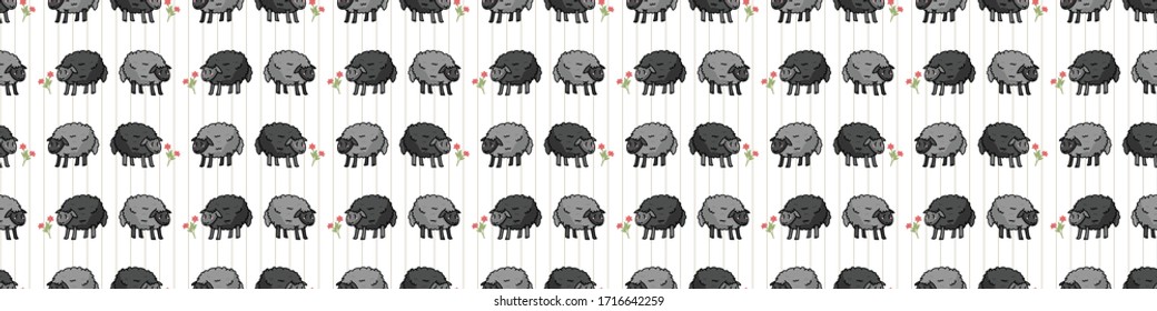 Cute gray and black sheep in field cartoon seamless vector border. Hand drawn agriculture livestock. Farm animal with flower all over print on check background. Wooly ewe backdrop. 