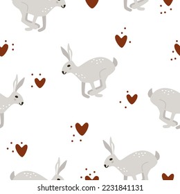 Cute gray bunnies jumping between red hand-drawn hearts. Seamless vector pattern for Valentine's Day or Christmas. Print for celebration parties and gifts