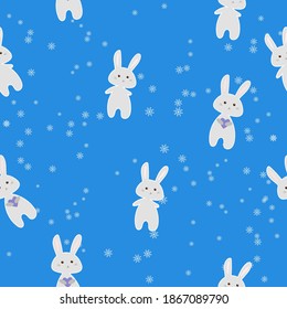 Cute gray bunnies on a blue background with snowflakes, simple vector illustration, seamless pattern