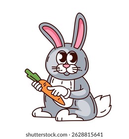 Cute gray bunny with big eyes and pink ears, sitting and holding bright orange carrot in its paws. Groovy cartoon doodle style. Funny farm character for kids designs and cards. Vector illustration.