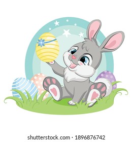 Cute gray bunny character admiring the Easter egg. Colorful illustration isolated on white background. Cartoon character rabbit easter concept for print, t-shirt, design, sticker and decorating