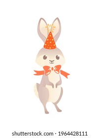 Conejo gris lindo con sombrero de cono y dibujo animado de arco rojo diseño animal ilustración vectorial sobre fondo blanco