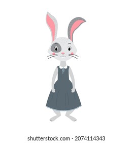 A cute gray bunny girl in a dress is smiling. The symbol of the year 2023, the year of the rabbit according to the lunar calendar. A hand-drawn vector stock illustration isolated on a white background