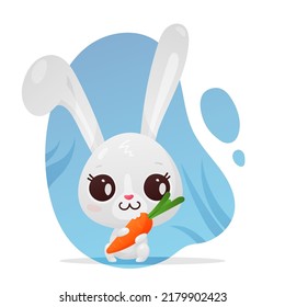 Cute gray bunny, hare with big eyes, ears and carrot, symbol of new 2023 year on white background. Vector illustration for postcard, banner, web, decor, design, arts, calendar.