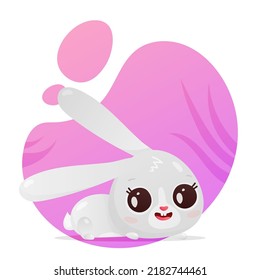 Cute gray bunny, hare, rabbit lying in the grass with big eyes, ears, symbol of new 2023 year on purple spot, white background. Vector illustration for postcard, banner, web, design, arts, calendar.