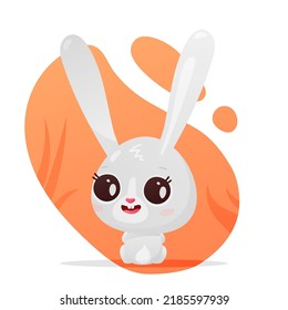 Cute gray bunny, hare sits with its back turned to us with its head, symbol of new 2023 year on ginger spot on white. Vector illustration for postcard, banner, web, decor, design, arts, calendar.