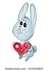 A cute, gray bunny with long ears and an attentive look holds a big heart in its paws. Valentine's day character. Isolated image on a white background. Vector graphics. Cartoon.