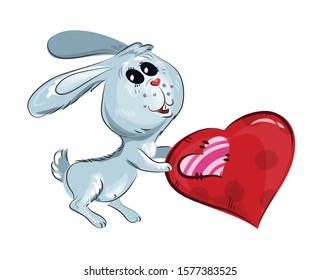 Cute gray bunny with long ears, looks up with interest and holds a big heart in its paws. Valentine's day character. Isolated image on a white background. Vector graphics. Cartoon.