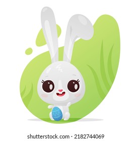 Cute gray bunny, rabbit with big eyes, ears and blue egg, symbol of new 2023 year on green spot and white background. Vector illustration for postcard, banner, web, decor, design, arts, calendar.