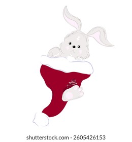 A cute gray bunny rabbit sits in a Santa Claus hat.