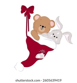 A cute gray bunny rabbit  and teddy bear are in a Santa Claus hat.