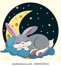 Un lindo conejito gris duerme tranquilamente en una nube azul con la luna creciente y las estrellas en el fondo. La escena tiene una atmósfera tranquila y de ensueño, perfecta para una ilustración de cuento a la hora de dormir.