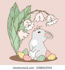 Cute gray bunny with white flowers and colorful easter eggs, vector art