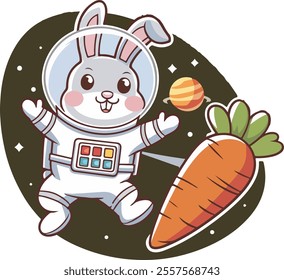 cute gray bunny in a white spacesuit is floating in space, near a carrot.