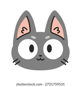 Icono gris lindo de la cara del gato de la historieta con los ojos grandes y la expresión amistosa. Ilustración vectorial moderna de moda aislada en el fondo blanco, dibujado a mano, diseño plano