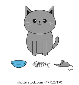 Cute gray cartoon cat. Mustache whisker. Funny smiling character. Contour Flat design. White background. Isolated. Vector illustration