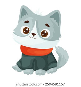 Cute gray cartoon cat sitting calmly, wearing a cozy winter scarf and jacket, on a white background. Perfect for designs. Adorable Gray Cartoon Cat in Winter Scarf