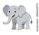 A cute gray cartoon elephant with big ears and trunk standing on a white background, looking happy and playful