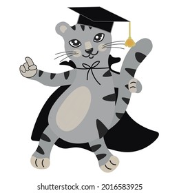 Cute gray cartoon kitten wearing a graduation hat and cape. The smart cat is ready to learn. Back to school. Educational mascot. Isolated vector. Cat character design as postcard, banner, poster.